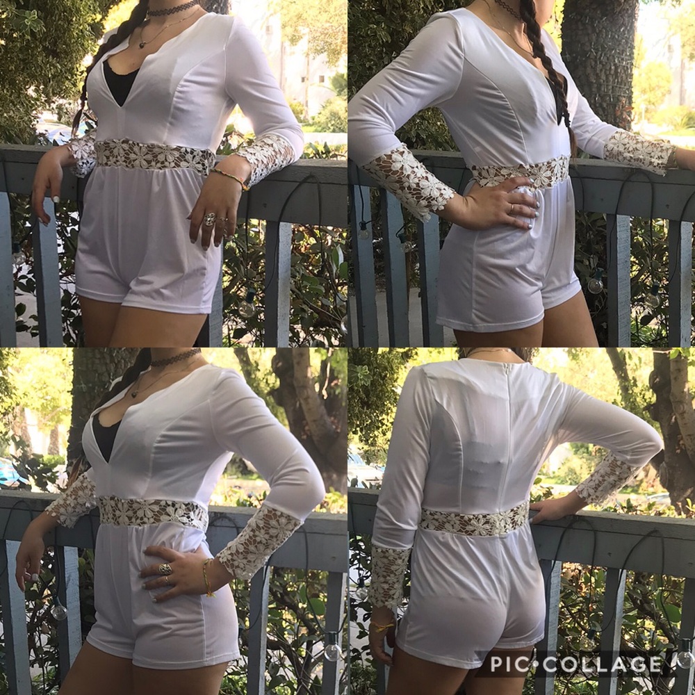 White Long sleeve romper with floral trim